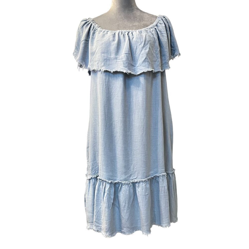 Umgee Dress Womens Large Blue Linen Chambray Off Shoulder Ruffled Side Pockets